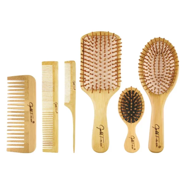 Lot de brosses à cheveux en bambou : peigne à dent large, brosses en picot bambou de plusieurs tailles, brosses massantes